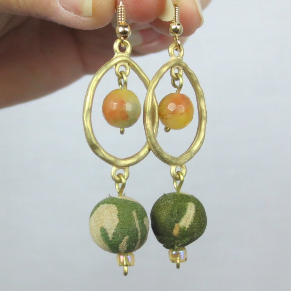 Handcrafted Pierced Earrings Natural Agate Sage Green Gold Boho Dangle 2.5 inch